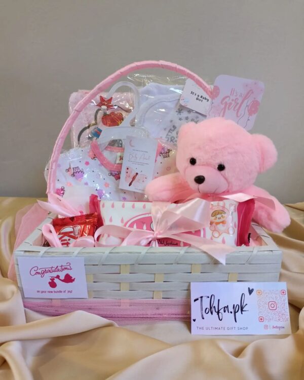 Pink baby gift basket