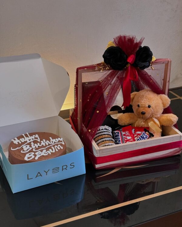 Birthday Gift Basket for her with a teddy bear, Handbag, Bangles set, Chocolates and a Cake