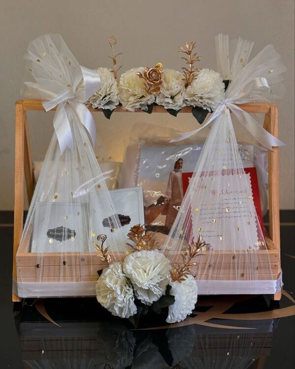 White Flowers Gift Basket with Dress for female & male with Perfumes